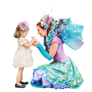 A Happily Ever Laughter entertainer dressed as a colorful fairy engaging with a young child at a San Jose children's party, showcasing magical and interactive entertainment perfect for local events.